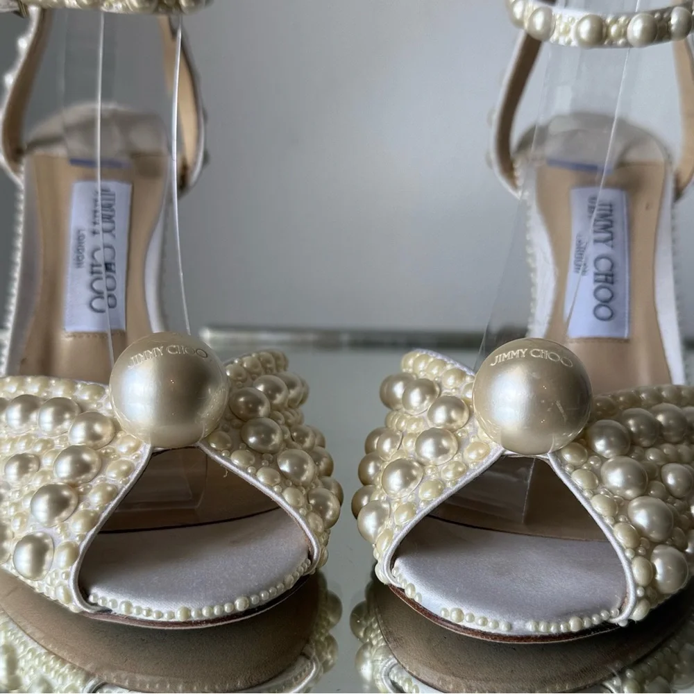 Like New Jimmy Choo Sacora 100 White Satin Sandals with All Over Pearls 38 - Picture 16 of 16